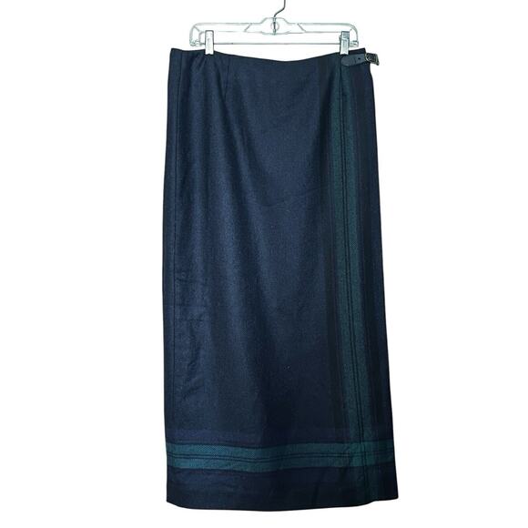 TALBOTS NAVY BLUE & GREEN ITALIAN WOOL NYLON LONG WRAP SKIRT SIZE 16